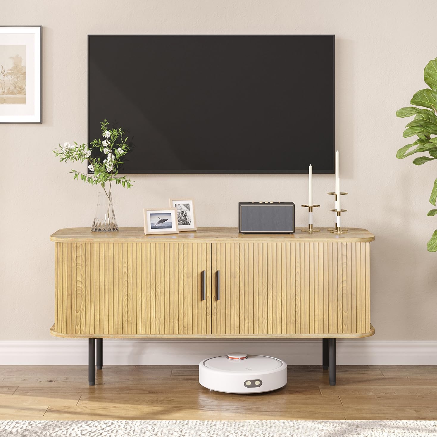 Natural Fluted TV Stand for 60 - Gaming Console Cabinet ulasan dan harga