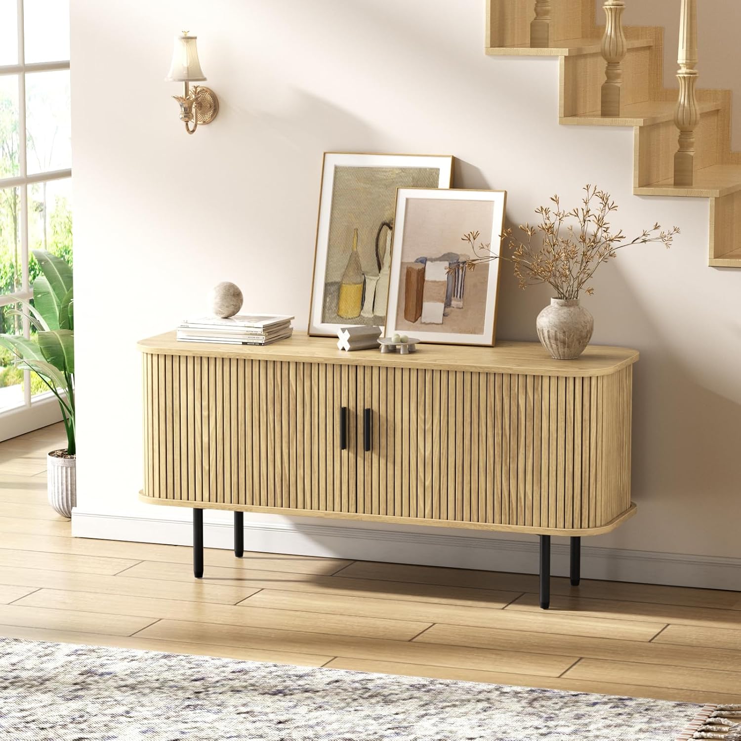 Natural Fluted TV Stand for 60 - Gaming Console Cabinet ulasan dan harga